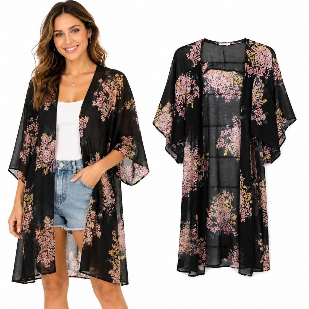Maurices Black Floral Sheer Kimono Cardigan